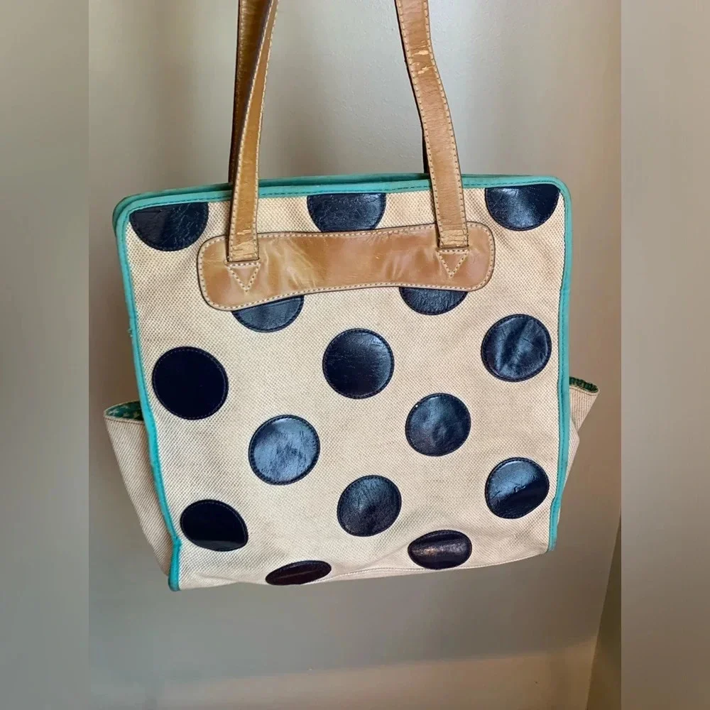 Fossil Canvas Polka Dot Purse Key Bag Charm Large Shopper Tote Handbag Whimsical